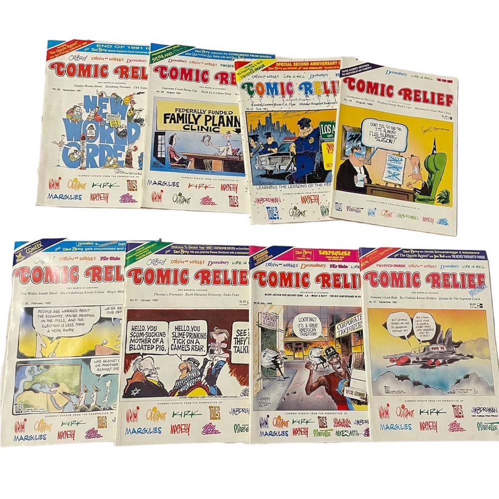 Lot of 8_ 1990/1991 COMIC RELIEF Magazine Humor Satire Cartoons #14 #24 #26…..
